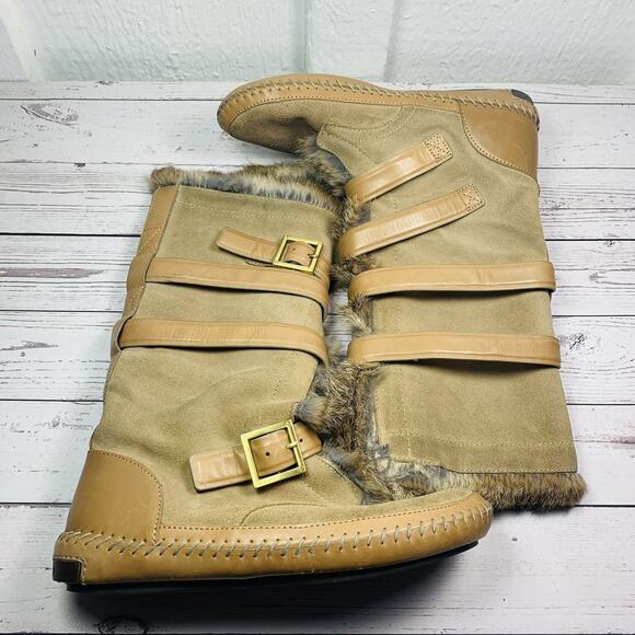 Tory Burch Suede Rabbit Fur Boots Brown Tan Mid-Calf Moccasins Womens 9 Jaden - Picture 1 of 8